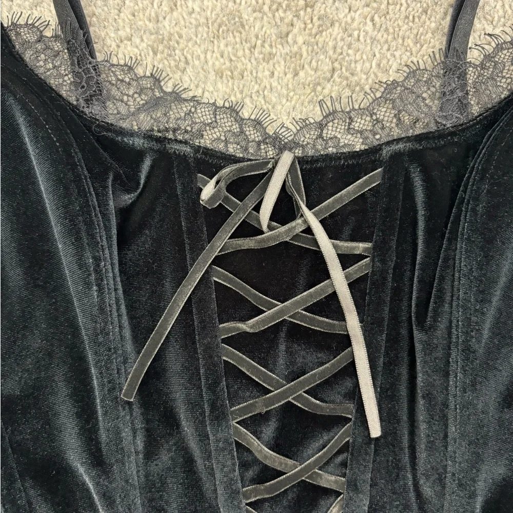 Victoria Secret black velvet corset top with mesh sides‎ and lace detailing
